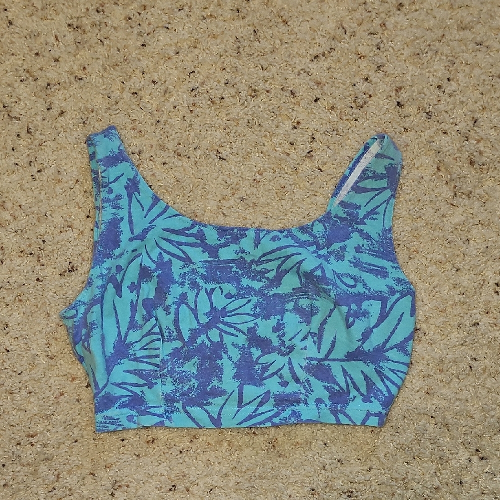 💙🩵Vintage OP Ocean Pacific Blue Teal Tropical Print Crop Tank Top